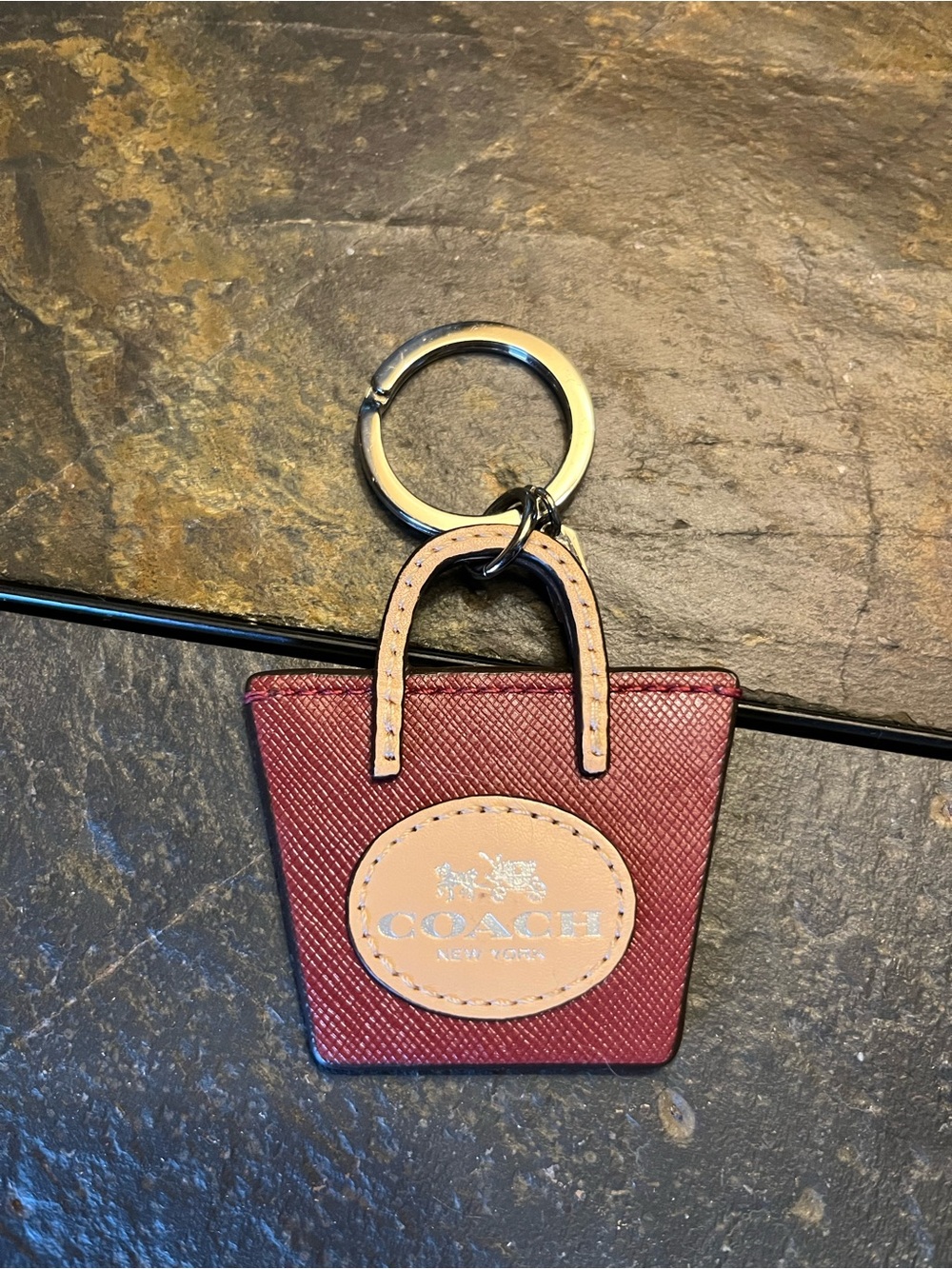 Coach Burgundy Mini Tote Keychain with Tan Handles